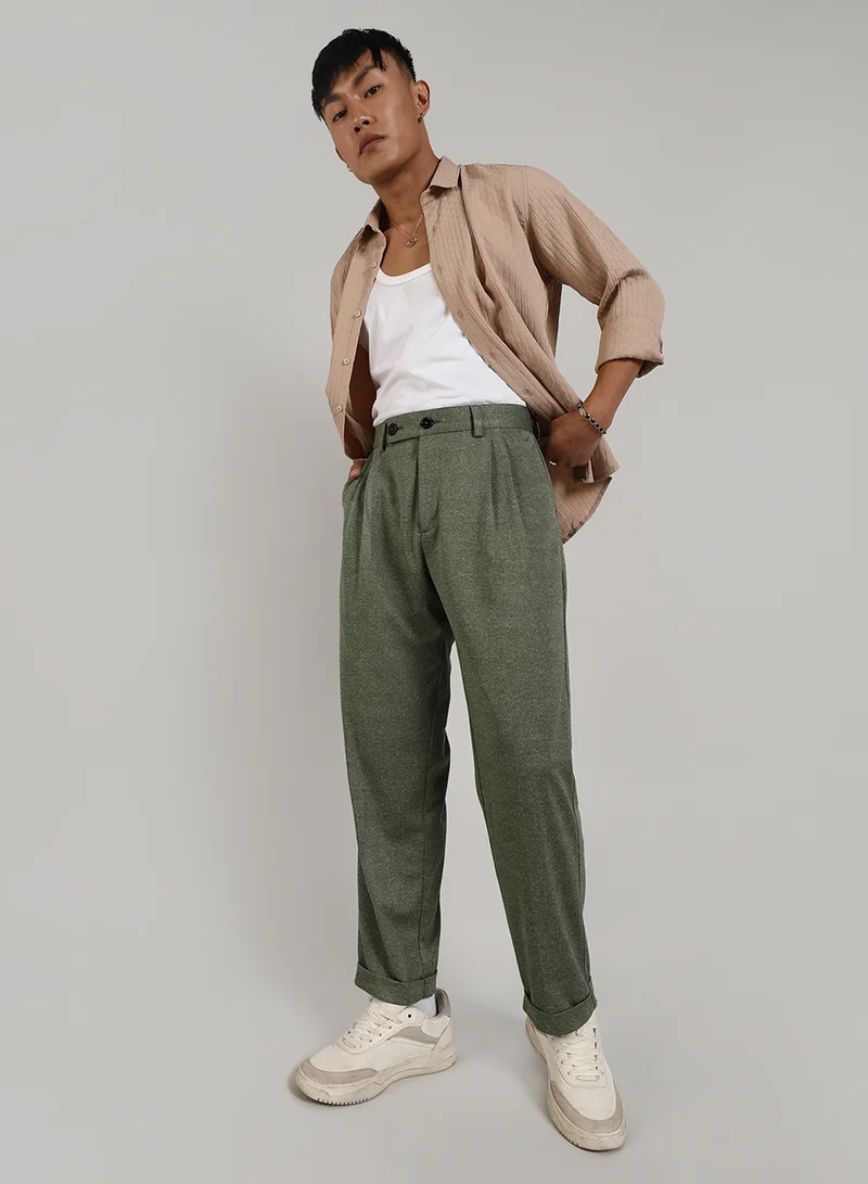 CAHOOT  Men's Olive Green Tailored Heathered Trousers For Casual Wear | Tailored-Fit | Mid-Rise | Button Closure | Trousers Crafted With Comfort Fit For Everyday Wear for Men | Best Price UAE